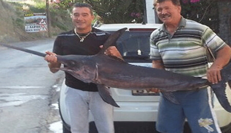 Mağusa'da 28 kiloluk dev bir kılıç balığı yakalandı