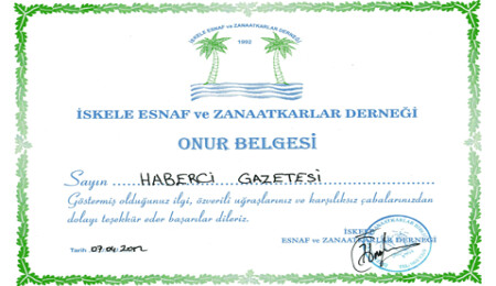 Gazete Haberci'ye Onur Belgesi