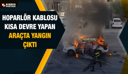 Hoparlör kabloları kısa devre yapan araçta yangın meydana geldi