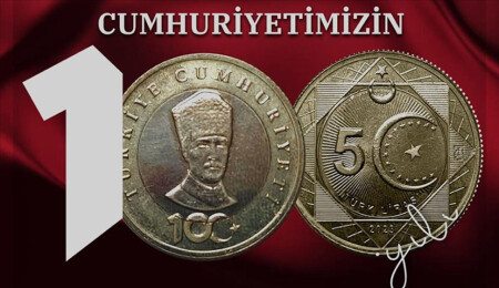 Cumhuriyet'in 100. yılına özel basılan "5 Türk lirası" hatıra parası