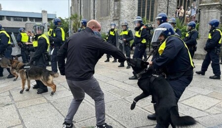 İngiltere'nin Plymouth kentinde polis, aşırı sağcılara köpeklerle müdahale etti