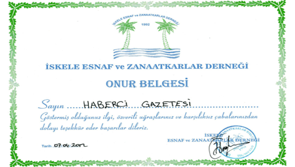Gazete Haberci'ye Onur Belgesi