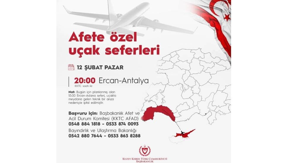 Depremden etkilenenler için düzenlenen Ercan-Adana uçak seferi iptal edildi