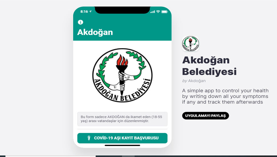 Αίτηση «Έντυπο εγγραφής ψηφιακού εμβολίου» από τον Δήμο Akdoğan