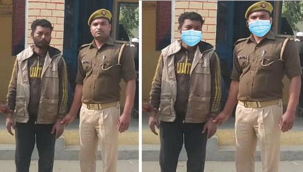 Η ινδική αστυνομία φωτογραφίζει τον ύποπτο και τον αξιωματικό που τον συνέλαβε
